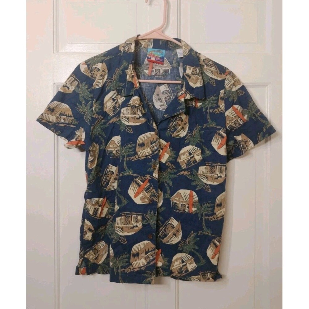 REYN SPOONER x JOE KEALOHA Hawaiian Shirt Womens SZ L Palm Cottage Beach Tropic